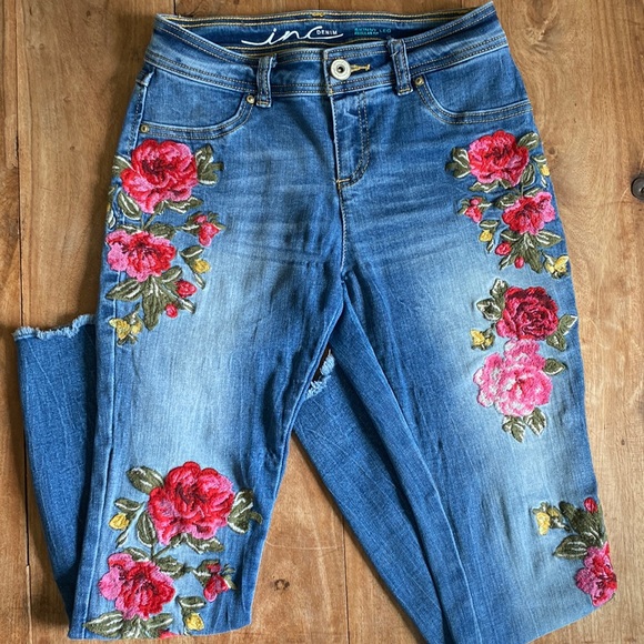 INC International Concepts Denim - INC International Concepts Blue Skinny Jeans with Red & Pink Floral Embroidery